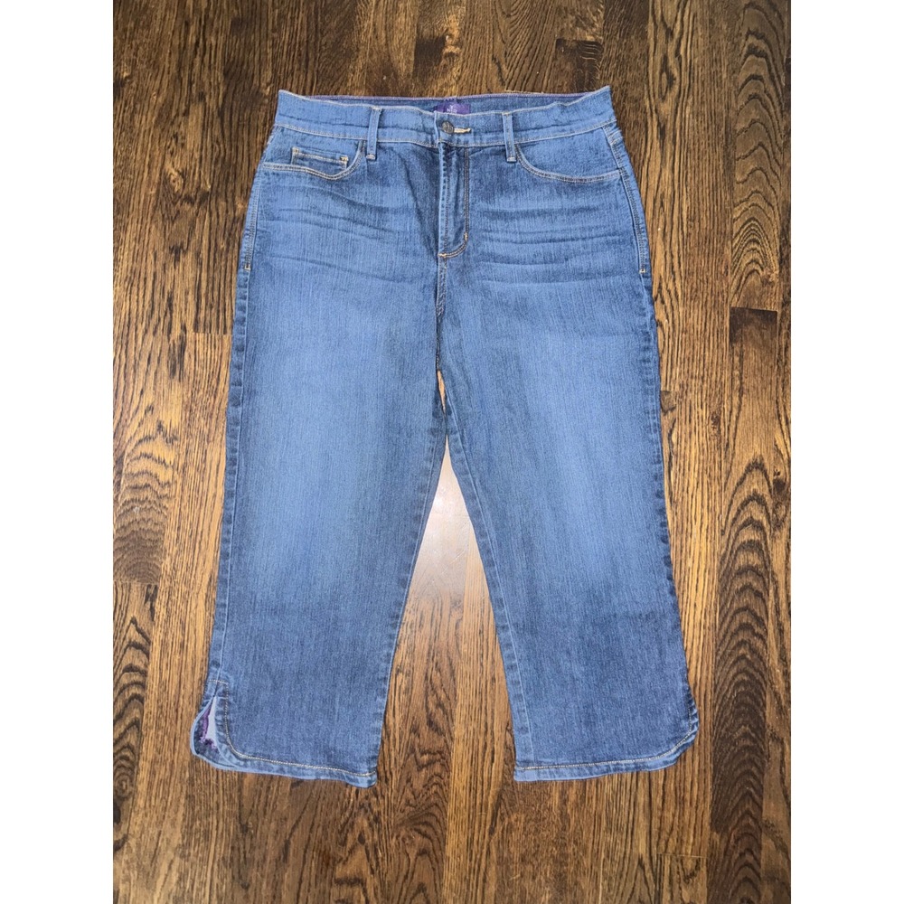 NYDJ Ariel Crop Jeans Womens 12 Blue Denim High Rise Lift Tuck Capris Side Slit